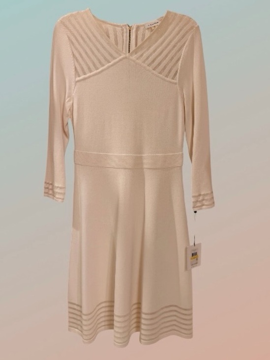 Calvin Klein Dresses & Skirts - Calvin Klein Ivory Long-Sleeve Knit Fit & Flare Dress with Sheer details, Sz M
